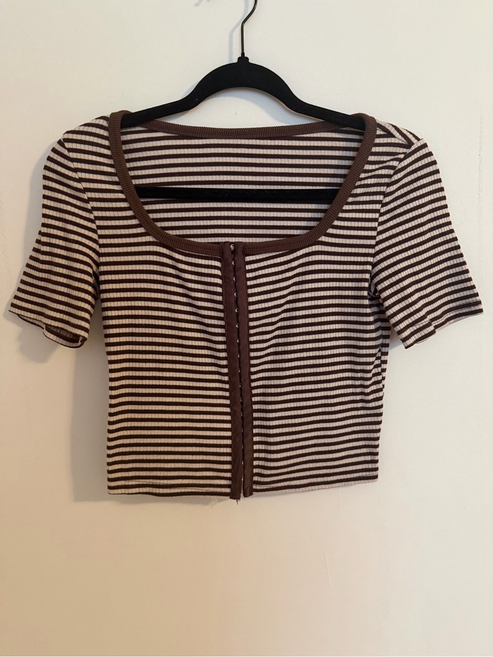 Striped Brown and Cream Ribbed Hook-&-Eye Crop Top